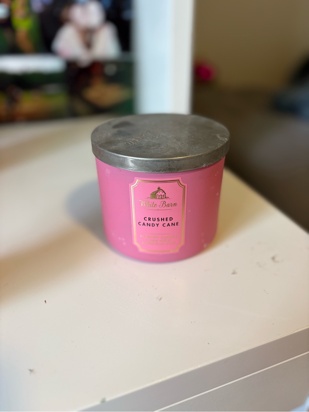 White Barn Pink Crushed Candy Cane Jar Candle with Silver Lid
